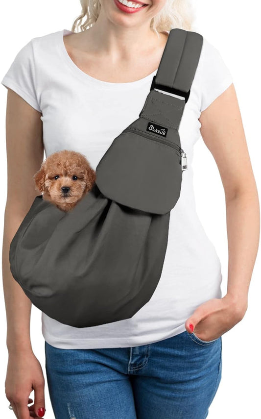 Slowton Dog Carrier Sling - Thick Padded Adjustable Shoulder Strap Dog Carriers for Small Dogs, Puppy Carrier Purse for Pet Cat with Front Zipper Pocket Safety Belt Machine Washable (Grey XS)