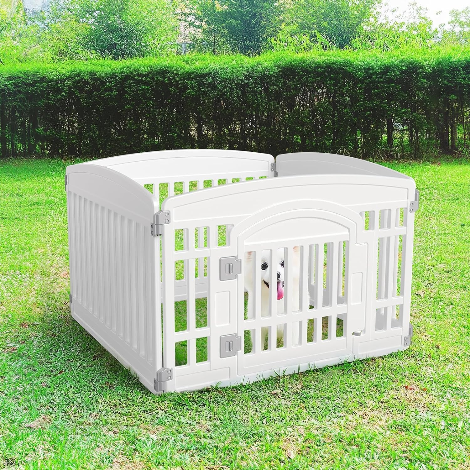 SMUG Dog Playpen 4-Panel 24" | Safe & Secure Indoor/Outdoor Pet Fence | Folding & Portable | 35 x 35 x 24IN, Ideal for Small to Medium Dogs | Easy to Clean （White）