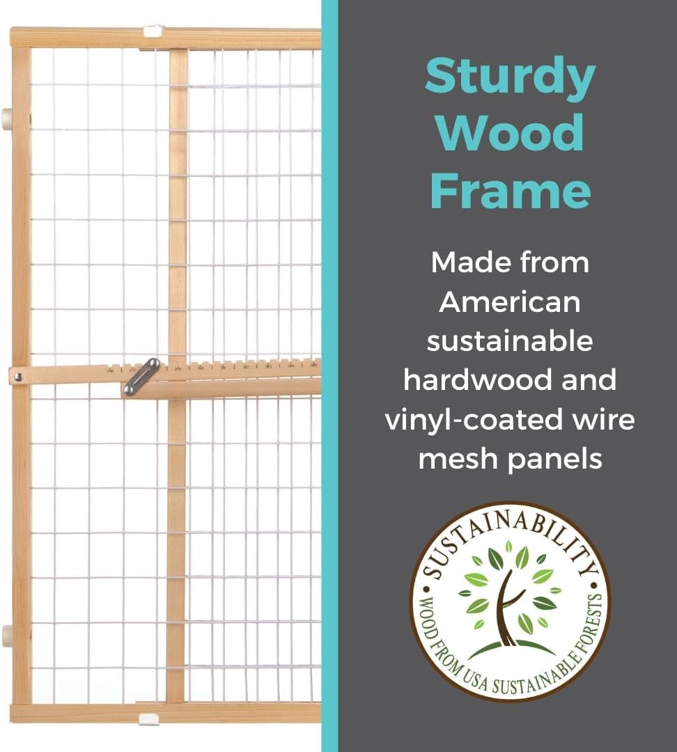 Toddleroo by North States Extra Wide Wire Mesh Wooden Baby Gate: 29.5"-50" Wide. Pressure Mounted Baby Gate for Doorway. (31" Tall, Sustainable Hardwood)