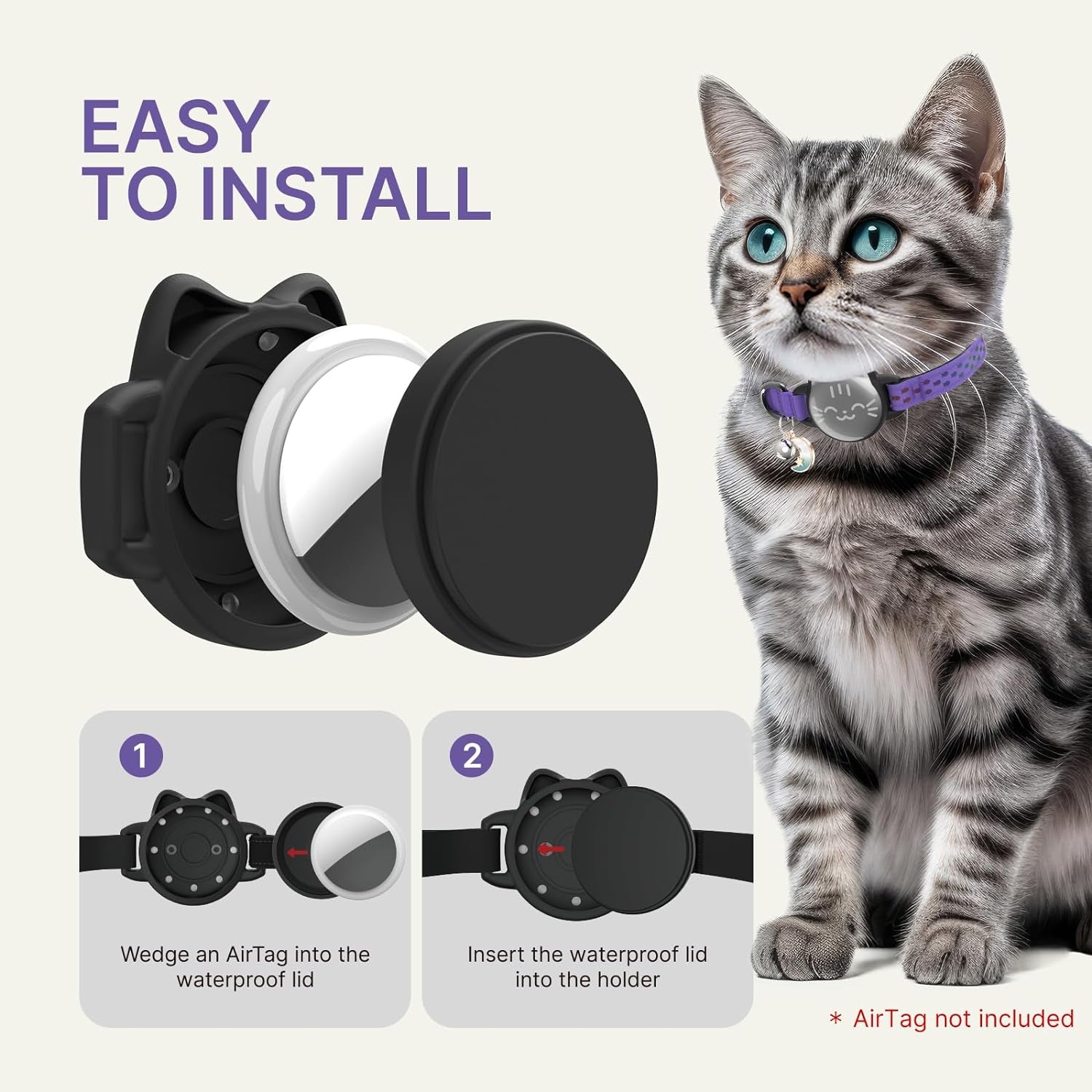 Waterproof Airtag Cat Collar, Breakaway Cat Airtag Collar with Luminous & Reflective Pattern Strap, Lightweight Kitten Collar for Apple Air Tag, Hidden Holder for GPS Tracker - Cats, Kittens (9-13")