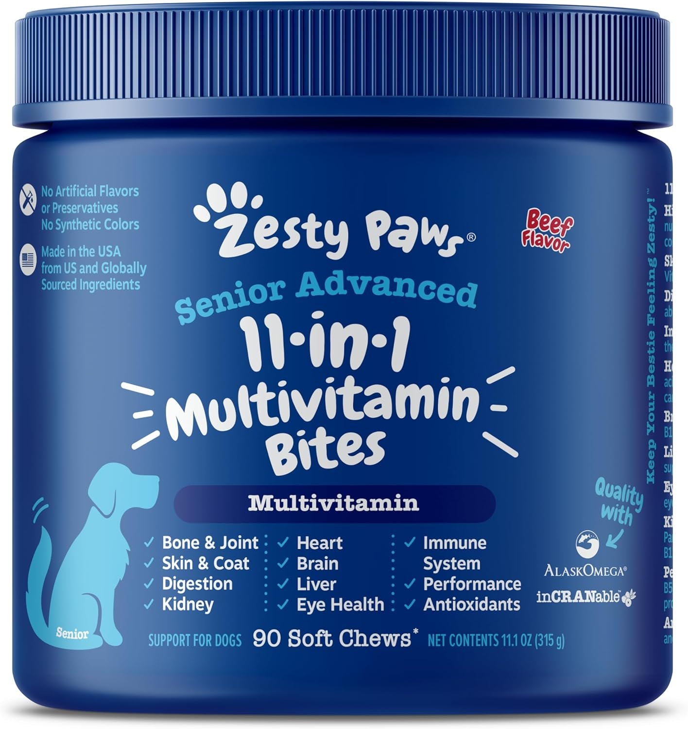 Zesty Paws Multivitamin Treats for Dogs - Glucosamine Chondroitin for Joint Support + Digestive Enzymes & Probiotics - Grain Free Dog Vitamin for Skin & Coat + Immune Health - Beef - Advanced - 90Ct