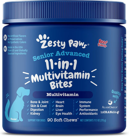 Zesty Paws Multivitamin Treats for Dogs - Glucosamine Chondroitin for Joint Support + Digestive Enzymes & Probiotics - Grain Free Dog Vitamin for Skin & Coat + Immune Health - Beef - Advanced - 90Ct