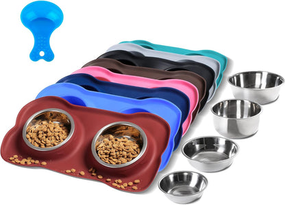 Hubulk Pet Dog Bowls 2 Stainless Steel Dog Bowl with No Spill Non-Skid Silicone Mat + Pet Food Scoop Water and Food Feeder Bowls for Feeding Small Medium Large Dogs Cats Puppies (Medium, Burgundy)