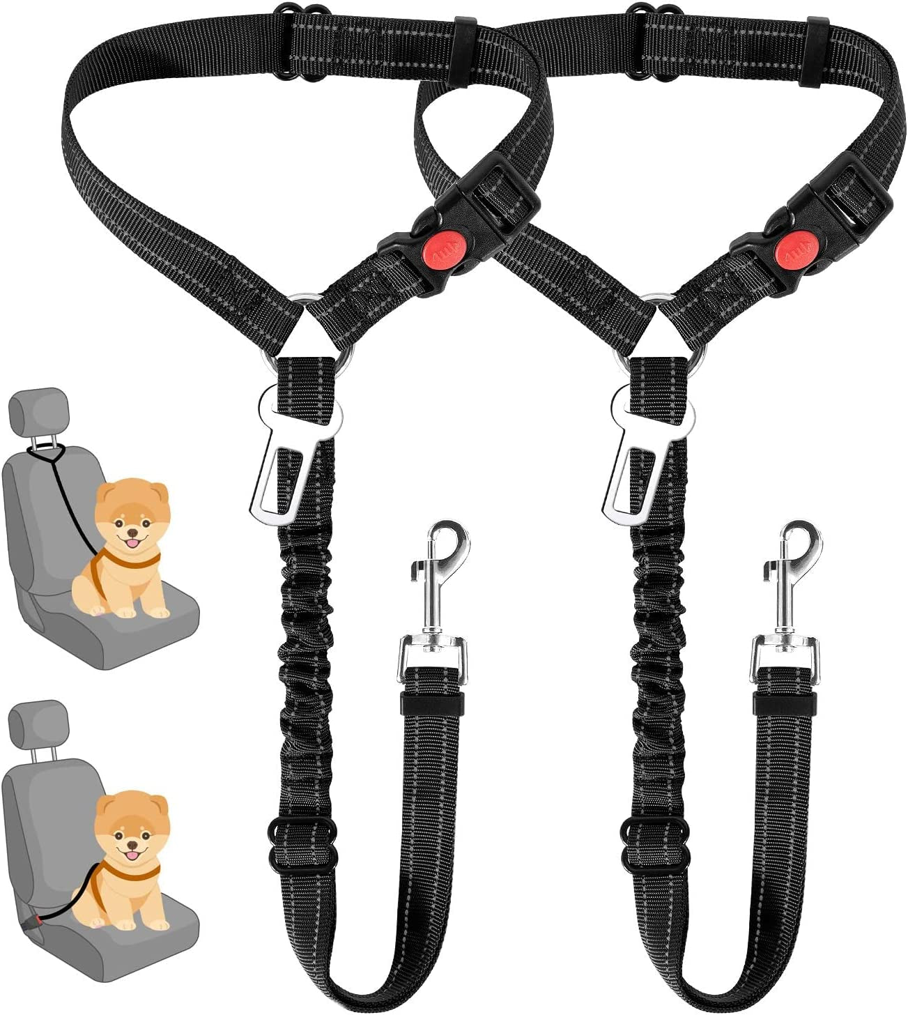 Slowton Dog Seat Belt for Car, 2 Pack Dog Car Harness Seatbelt Adjustable with Elastic Bungee Buffer, 2 in 1 Pet Car Leash Headrest Restraint Dog Reflective Safety Tether (S, Black, Headrest+Clip)