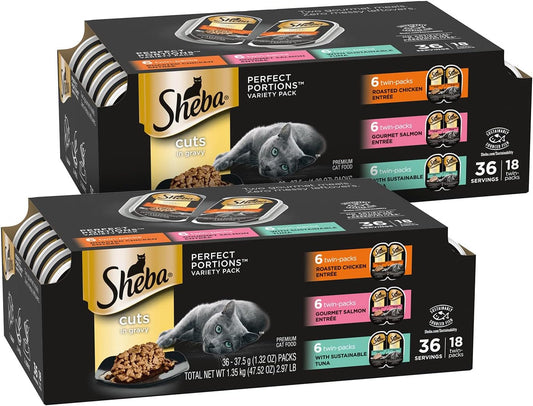 SHEBA Perfect Portions Cuts in Gravy Wet Cat Food Trays, (36 Count, 72 Servings), Roasted Chicken, Gourmet Salmon, and Sustainable Tuna Entrée, Easy Peel Twin-Pack Trays (Pack of 2)