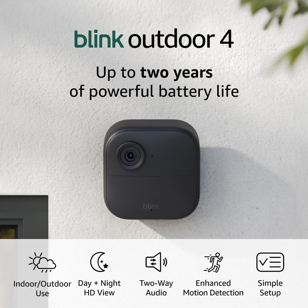 Like-New Blink Outdoor 4 (4th Gen) – Wire-free smart security camera, two-year battery life, two-way audio, HD live view, enhanced motion detection, Works with Alexa – 2 camera system