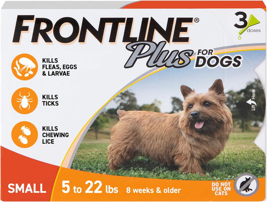 FRONTLINE plus Flea and Tick Treatment for Small Dogs Upto 5 to 22 Lbs., 3 Treatments