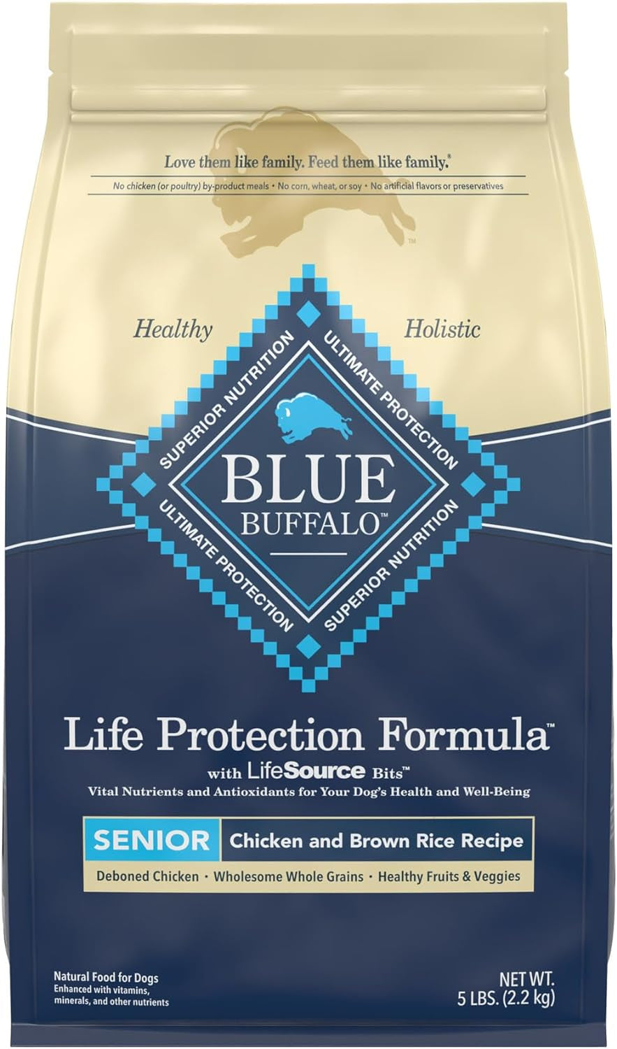 Blue Buffalo Life Protection Formula Natural Senior Dry Dog Food, Chicken and Brown Rice 5-Lb Trial Size Bag