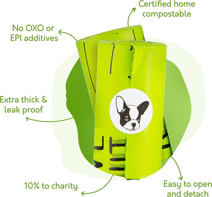 100% Certified Home Compostable Dog Poop Bags - 10% to Charity - ASTM D6400 & EN 13432 Compliant Dog Waste Bags - 120 Bags - 8 X Rolls of Plant Based Compostable Poop Bags - Thick Doggie Poop Bags