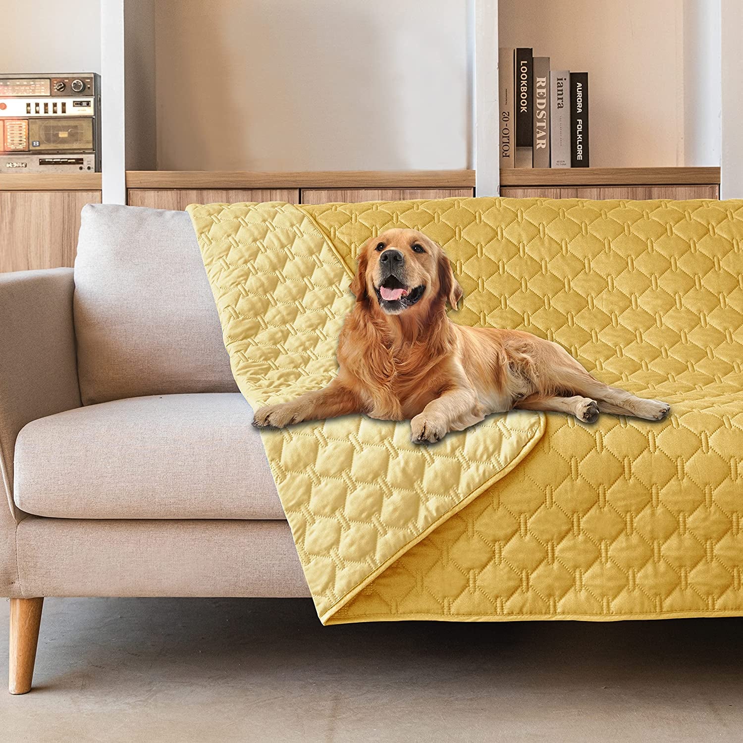 Gogobunny 100% Double-Faced Waterproof Dog Bed Cover Pet Blanket Sofa Couch Furniture Protector for Kids Children Dog Cat, Reversible(82X120 Inch (Pack of 1), Dark Yellow/Light Yellow)