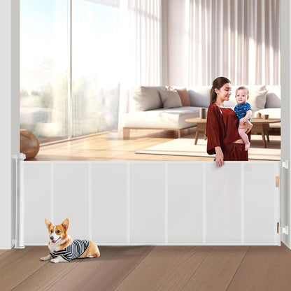 Upgrade 150 Inch Retractable Baby Gates Extra Wide with Reinforced Strip Design to Prevent Crawling Through, 150" Retractable Dog Gate, 42" Tall, Retractable Gate for Indoor/Outdoor(White)
