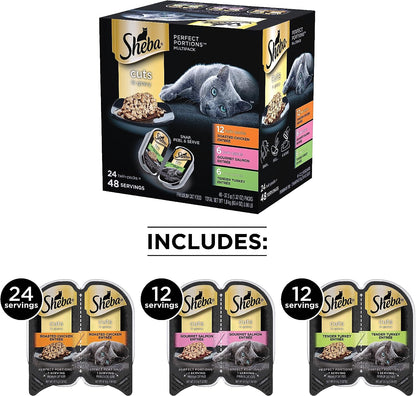 Sheba Perfect Portions Multipack Cuts in Gravy, Signature Tuna Entree, Roasted Chicken Entree (12- Individual Serving) (3-Double Trays of Each)