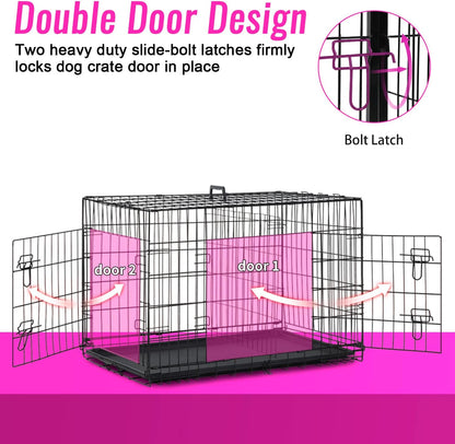 FDW Dog Crate Dog Cage Pet Crate for Large Dogs Folding Metal Pet Cage Double Door W/Divider Panel Indoor Outdoor Dog Kennel Leak-Proof Plastic Tray Wire Animal Cage (Black, 48 Inch)