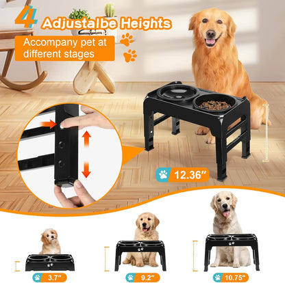 Elevated Dog Bowls, 2-in-1 Dog Feeder with Slow Feeder Dog Bowls & No Spill Dog Water Bowl, 4 Heights Adjustable Raised Dog Bowl Stand Non-Slip & Anti-Dust Dog Food Bowl for Medium Large Dogs, Black