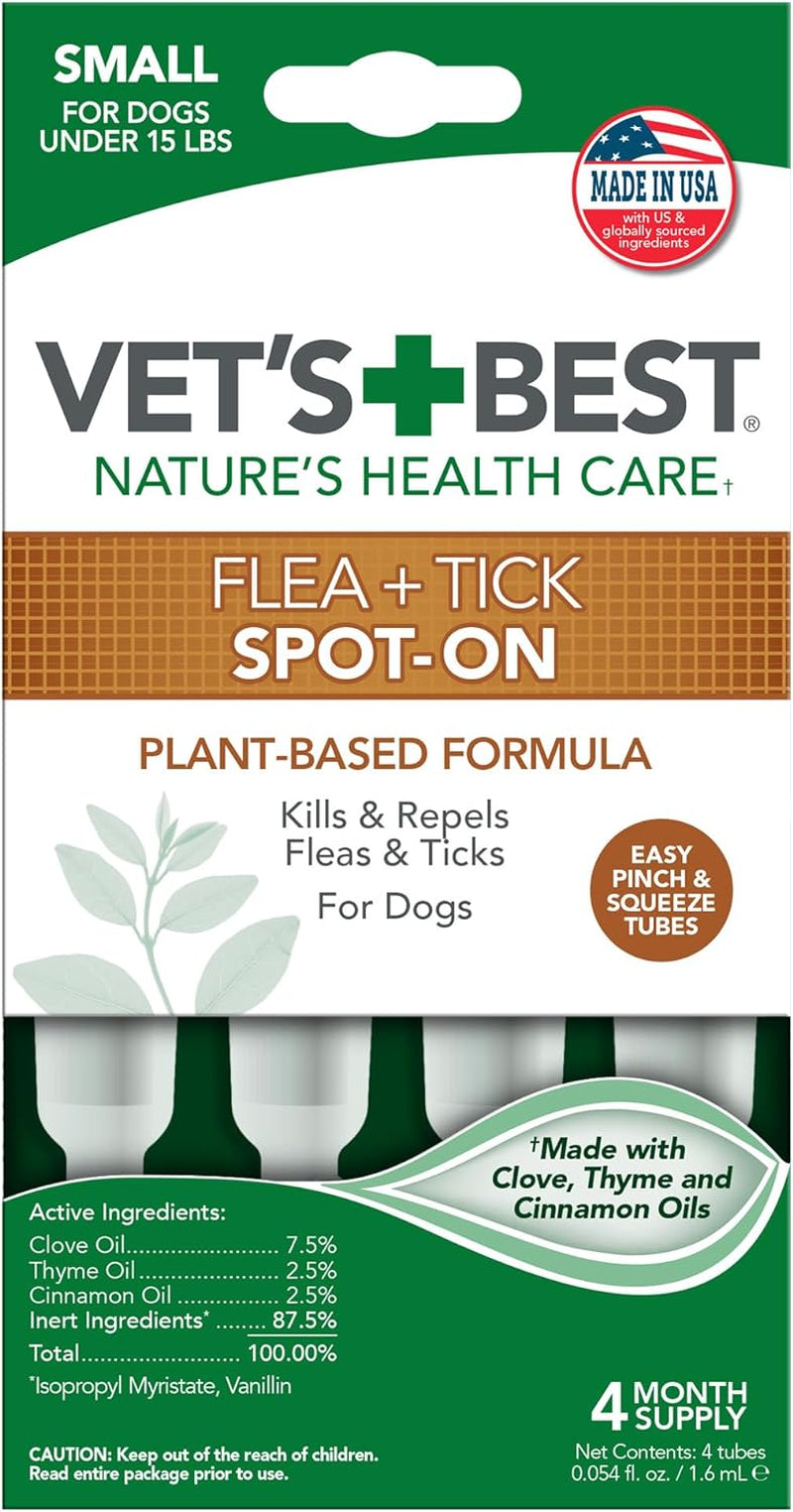 Vet'S Best Flea and Tick Spot-On Drops - Topical Flea and Tick Prevention for Dogs - Plant-Based Formula - Certified Natural Oils for Small Dogs - 4 Mo Supply