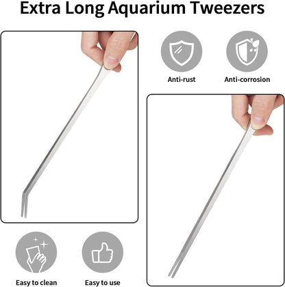 2PCS Long Aquarium Tweezers - 10.6" Straight and Curved Tweezers, Stainless Steel Reptile Feeding tongs, Terrarium Aquascape Tools Feeder for Lizards, Bearded Dragon Snake Tank Accessories