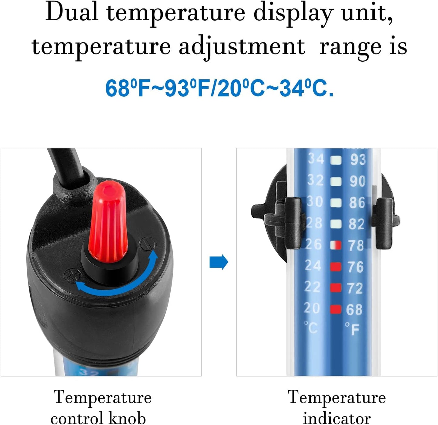 Hitop 25W/50W/100W/300W Adjustable Aquarium Heater, Submersible Glass Water Heater for 5 – 70 Gallon Fish Tank (25W)