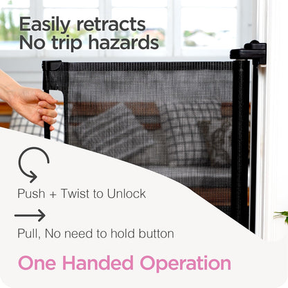 Retractable Baby Gate Perma Child Safety 33" Tall X 55” Wide, Mesh, for Stairs, Doorways, Dogs, Pets, Indoor, Outdoor, One-Handed Operation, Locking, Easy Install, Hardware Mount, White