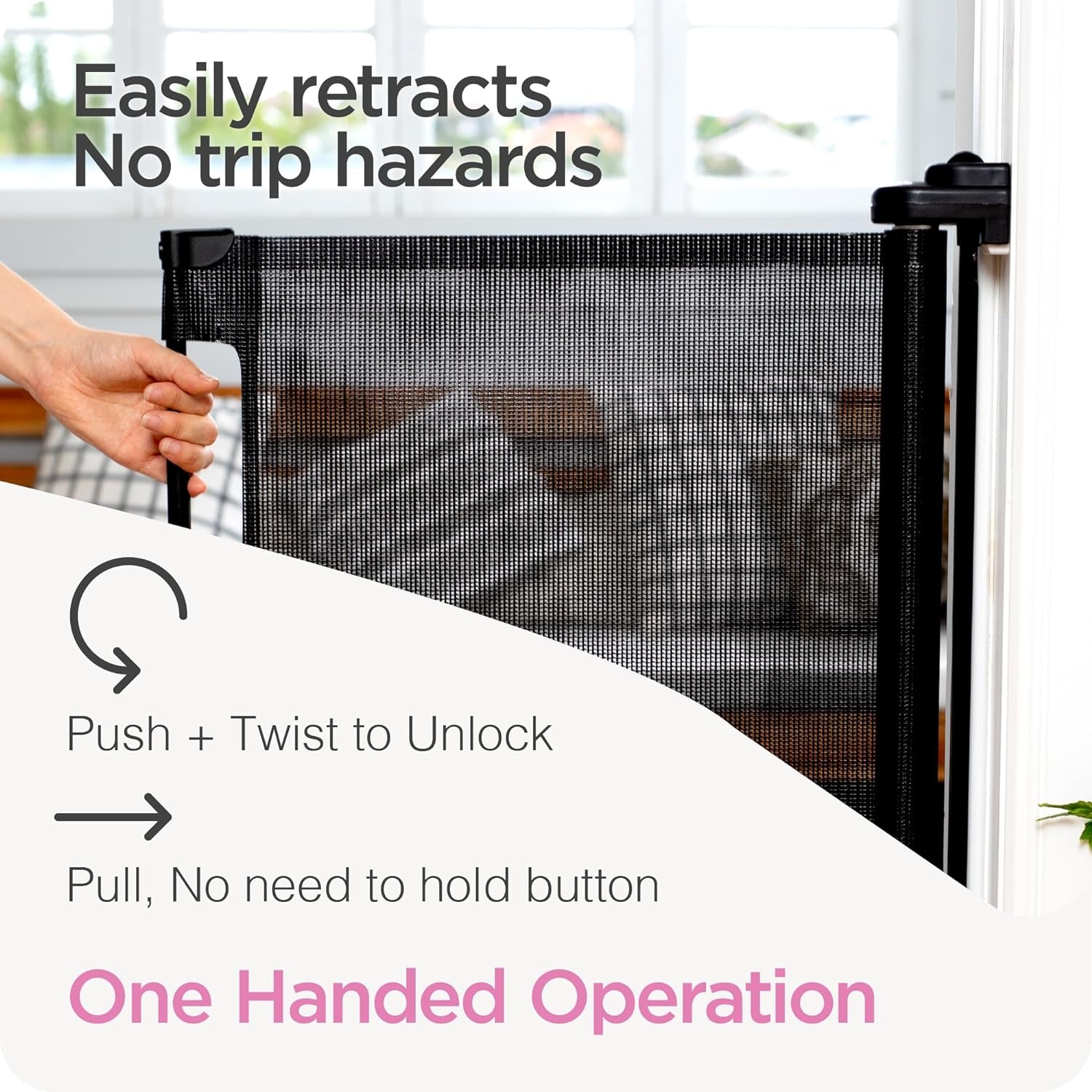 Retractable Baby Gate Perma Child Safety 33" Tall X 55” Wide, Mesh, for Stairs, Doorways, Dogs, Pets, Indoor, Outdoor, One-Handed Operation, Locking, Easy Install, Hardware Mount, Black