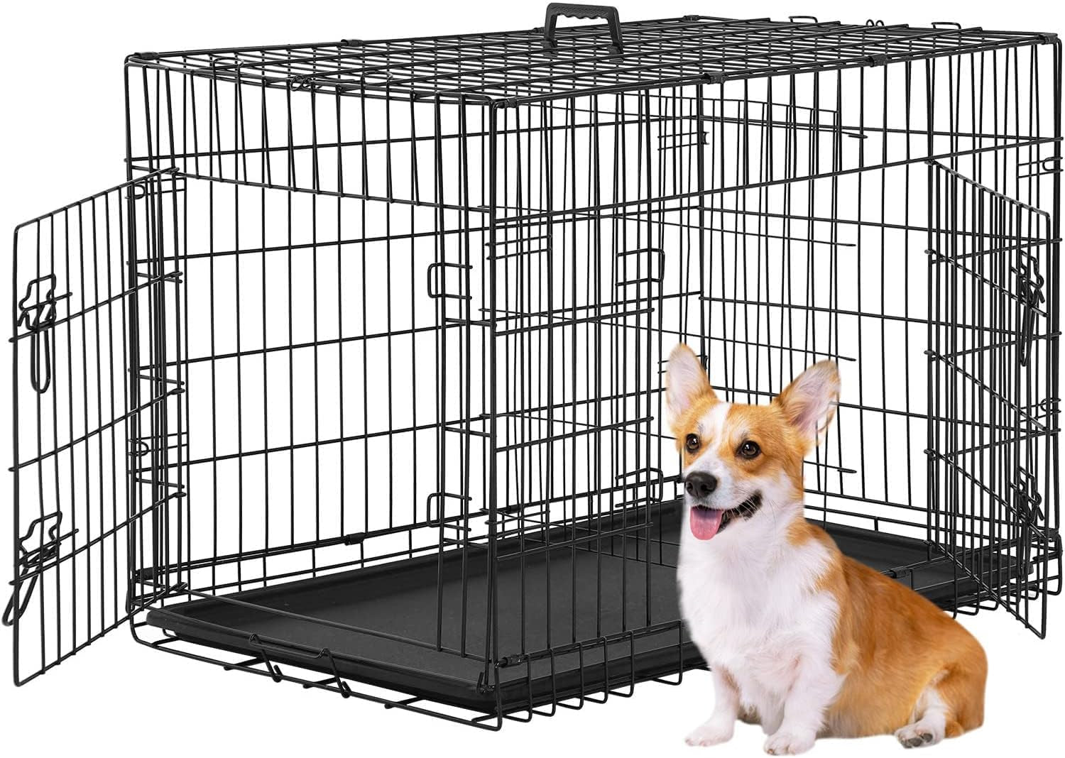 FDW Dog Crate Dog Cage Pet Crate for Large Dogs Folding Metal Pet Cage Double Door W/Divider Panel Indoor Outdoor Dog Kennel Leak-Proof Plastic Tray Wire Animal Cage (Black, 36 Inch)