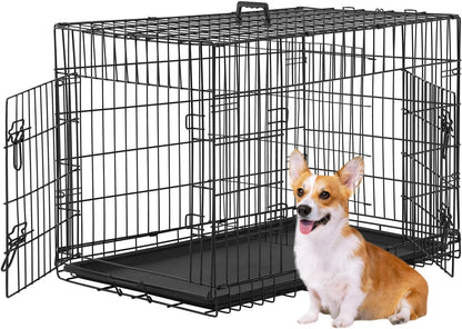 FDW Dog Crate Dog Cage Pet Crate for Large Dogs Folding Metal Pet Cage Double Door W/Divider Panel Indoor Outdoor Dog Kennel Leak-Proof Plastic Tray Wire Animal Cage (Black, 36 Inch)