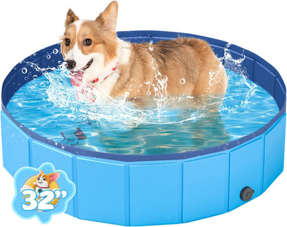 Foldable Pool, YSJILIDE Portable PVC Pet Swimming Pool, Collapsible Dog Bath for for Large Medium Small Dogs & Kids (S-32"X 8" Blue)