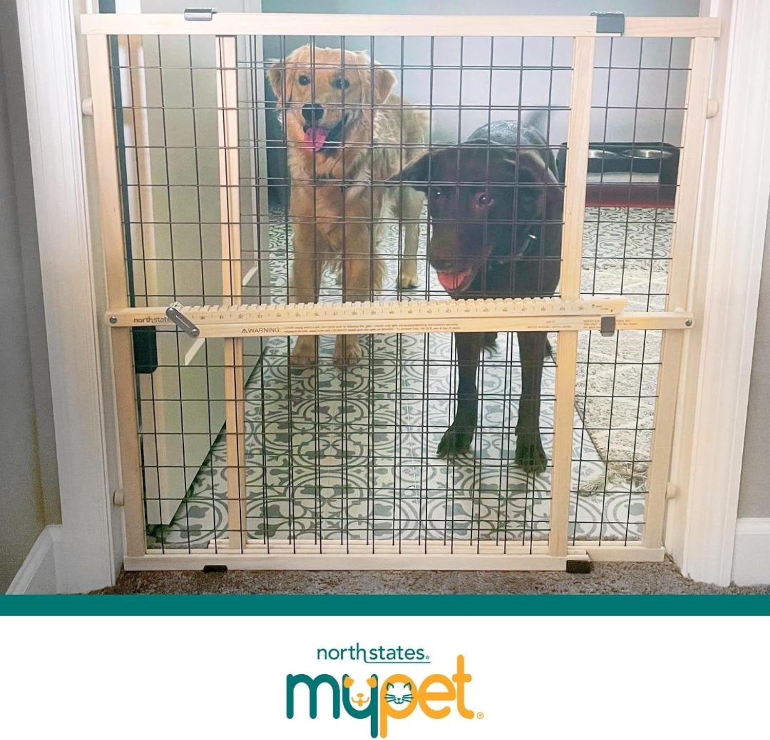 MYPET North States Wire Mesh Dog Gate: 29.5-48" Wide. Pressure Mount. No Tools Needed. Dog Gate 37" Tall, Expandable, Durable Dog Gates for Doorways, Sustainable Hardwood