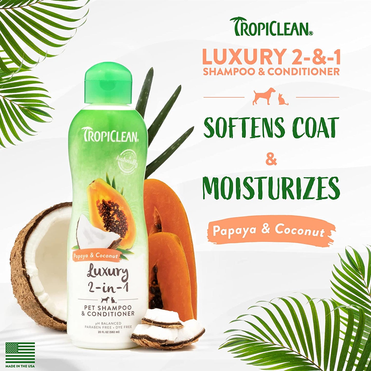 Tropiclean 2-In-1 Papaya & Coconut Dog Shampoo and Conditioner | Natural Pet Shampoo Derived from Natural Ingredients | Cat Friendly | Made in the USA | 20 Oz.