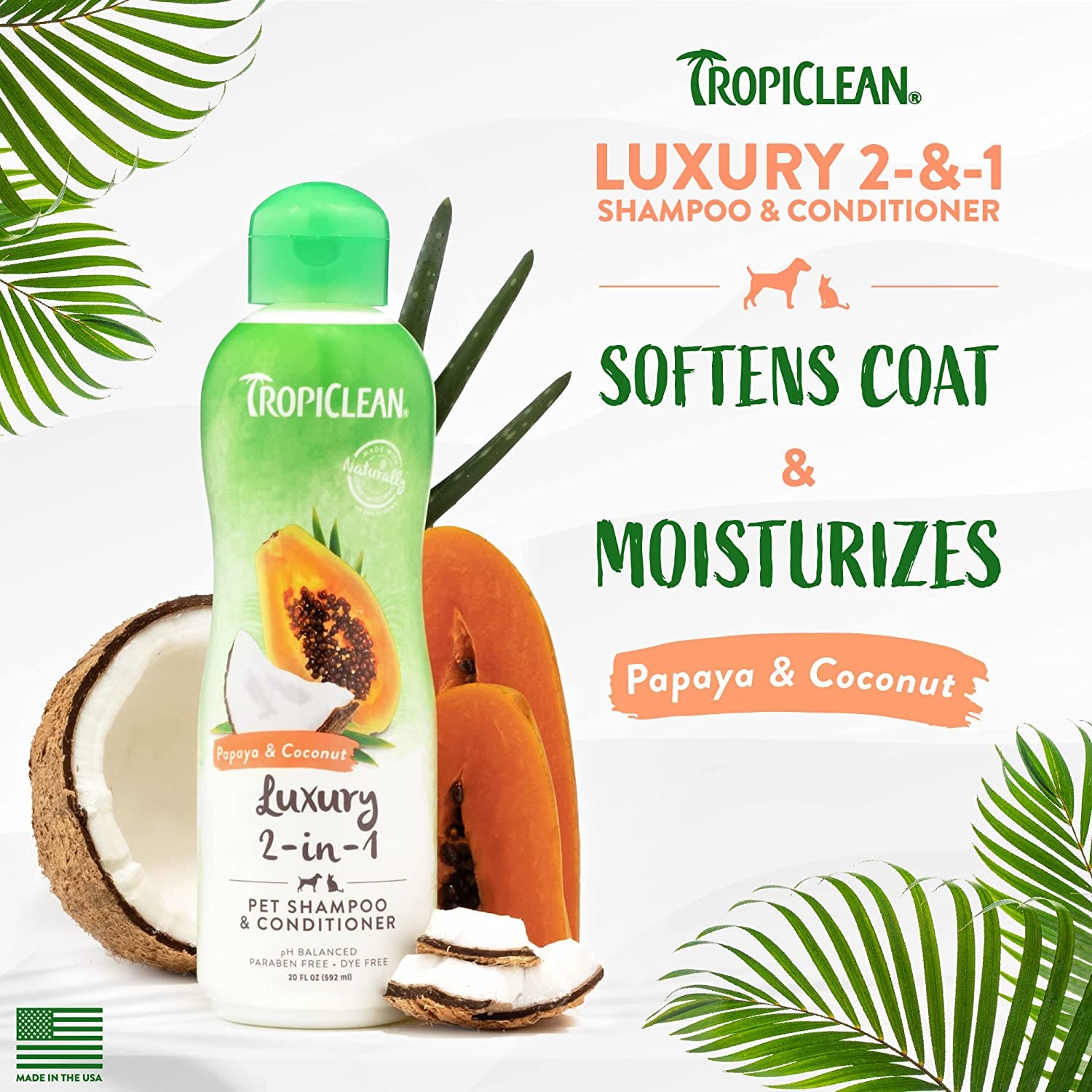 Tropiclean 2-In-1 Papaya & Coconut Dog Shampoo and Conditioner | Natural Pet Shampoo Derived from Natural Ingredients | Cat Friendly | Made in the USA | 20 Oz.