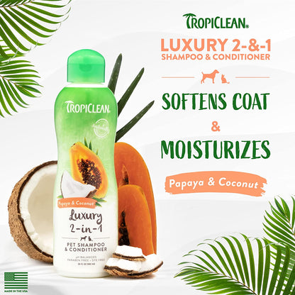 Tropiclean 2-In-1 Papaya & Coconut Dog Shampoo and Conditioner | Natural Pet Shampoo Derived from Natural Ingredients | Cat Friendly | Made in the USA | 20 Oz.
