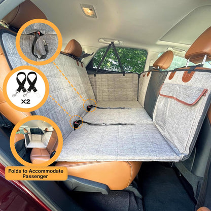 Backseat Extender for Dogs, 100% Waterproof Hard Bottom Dog Car Seat Cover, Seat Extender with Mesh Window and Storage Pockets, Truck SUV Car, Travel Bed