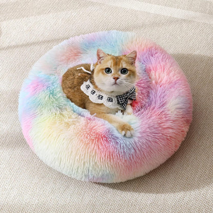 JOLLYVOGUE Calming Donut Dog Bed & Cat Bed, Anti-Anxiety Washable Dog round Bed, Fluffy Faux Fur Plush Dog Cuddler Bed, Warming Cozy Dog Cat Cushion Bed for Small Medium Dogs and Cats (24", Rainbow)