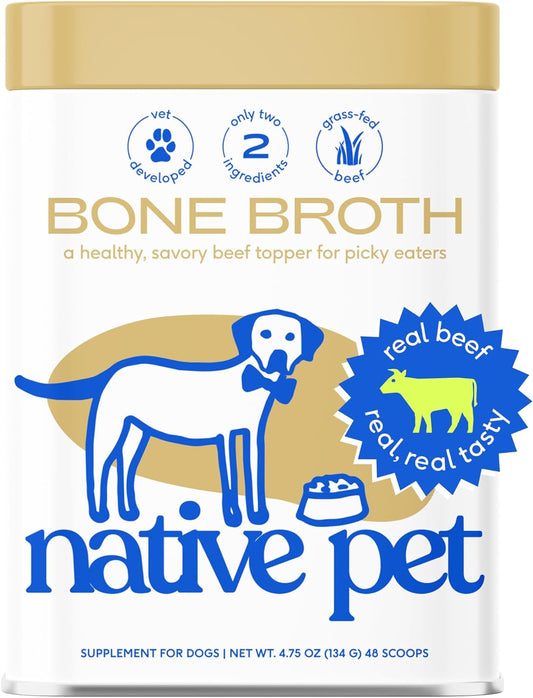 Native Pet Bone Broth for Dogs and Cats – Dog Bone Broth Powder for Dog Food Topper for Picky Eaters – Cat and Dog Broth - Dog Gravy Topper for Dry Food – Beef Broth for Dogs and Cats – 4.75 Oz