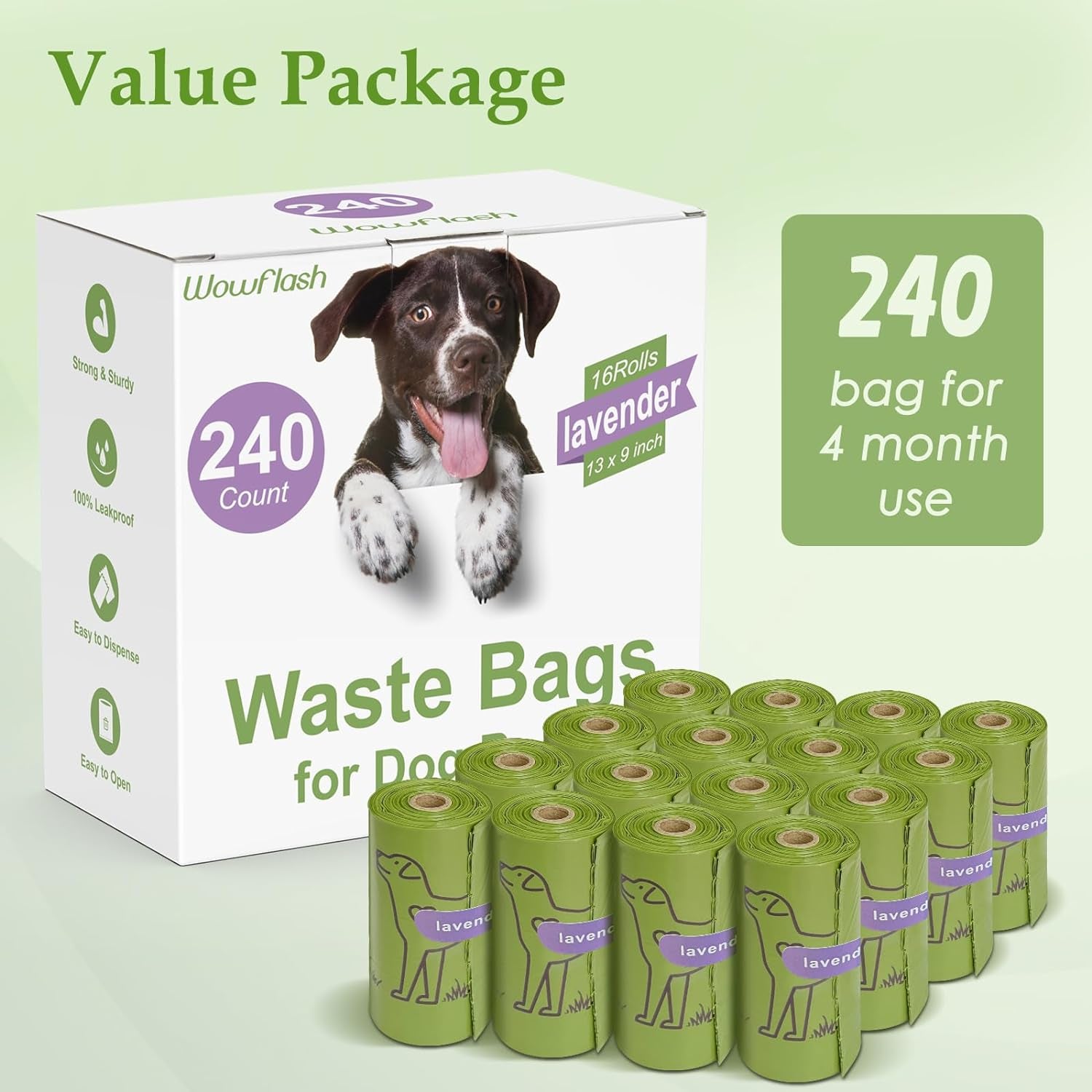 240 Count Lavender Scented 13” X 9” Dog Poop Bags Rolls, Leakproof Strong & Sturdy Poop Bags for Dogs, Dog Bags for Poop, Doggie Cat Poop Bags Cats Litter, Waste Bags Poppy Trash Bags for Doggy Pets