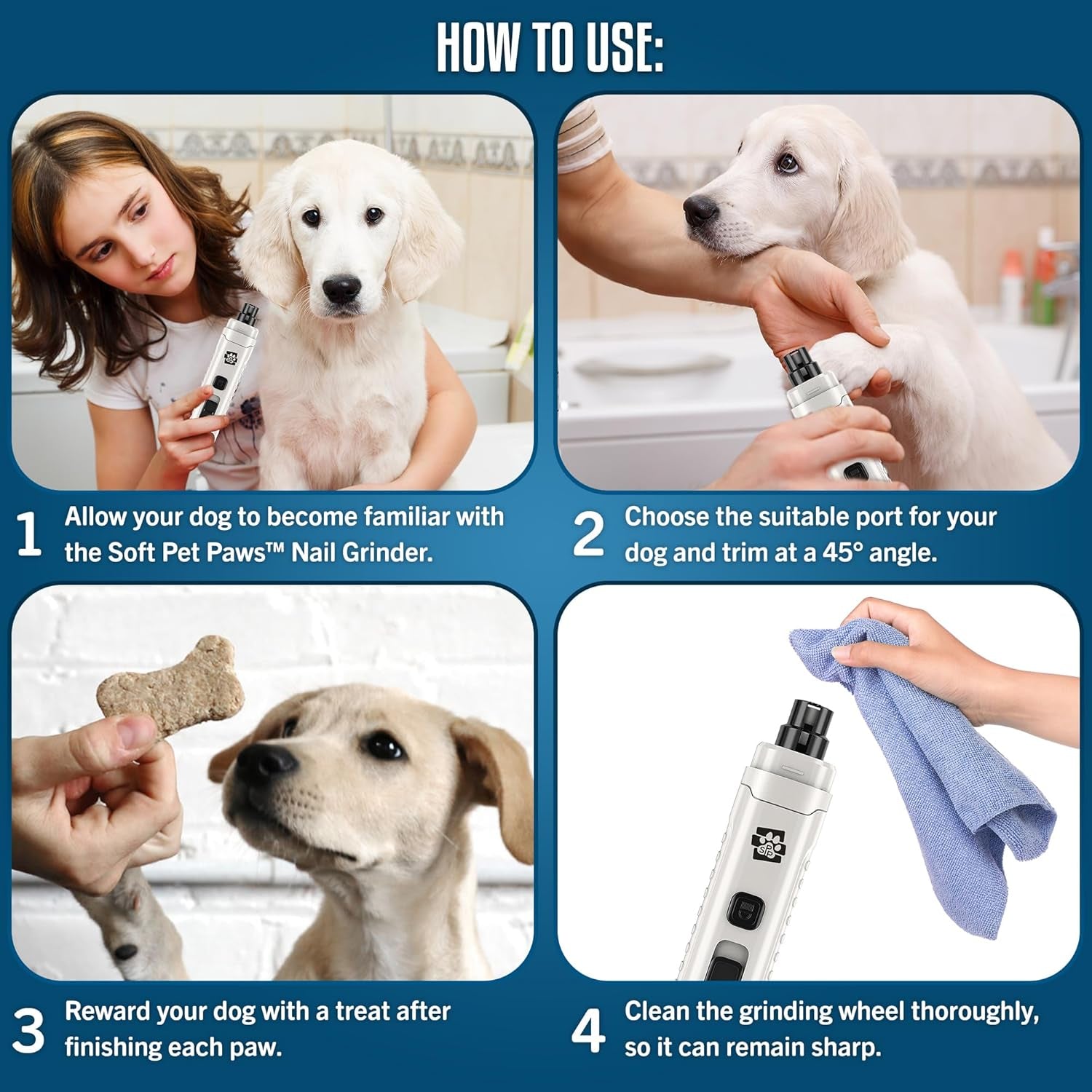 Dog Nail Grinder - Ultra Quiet Operation - Upgraded Dog Nail Trimmer with 2 LED Lights - 2-Speed Rechargeable Nail Grinder - for Small, Medium and Large Dogs - Extra Grinding Head