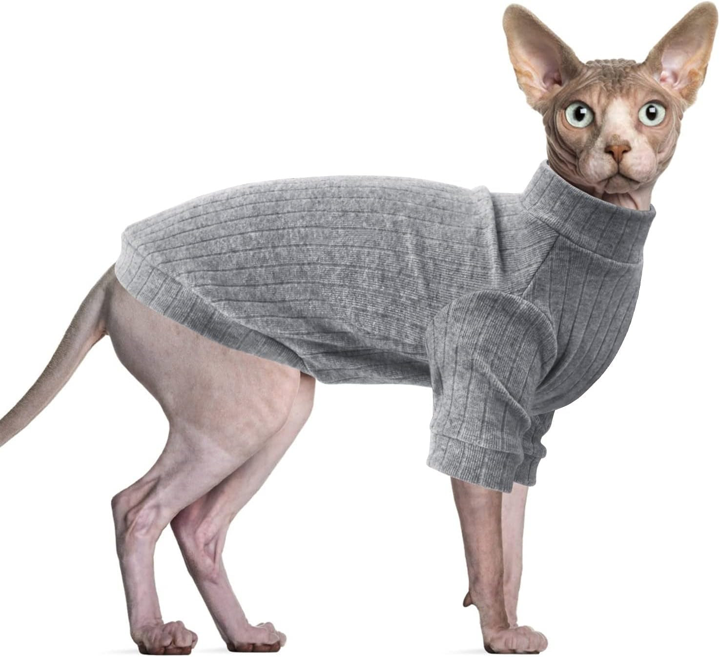 Idepet Sphynx Hairless Cats Sweater Shirt Kitten Soft Puppy Clothes Pullover Cute Cat Pajamas Jumpsuit Cotton Apparel Pet Winter Turtleneck for Cats and Teacup Chihuahua Small Dogs(Gray,M)