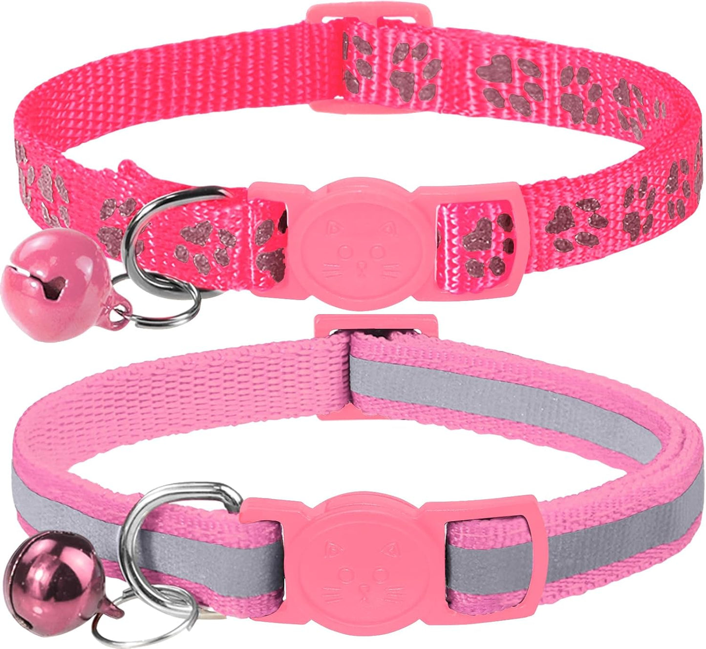 Taglory Reflective Cat Collar Breakaway with Bells, 2 Pack Girl Boy Pet Cat Collar Adjustable 7.5-12.5 Inch, Pink