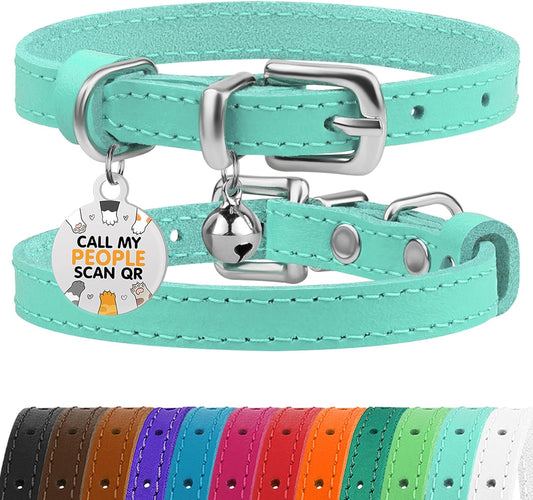 BRONZEDOG Leather Cat Collar with Bell Non Breakaway Kitten QR Tag for Girl Boy (9" - 12" Cats/Mini Dogs, Turquoise & Silver)