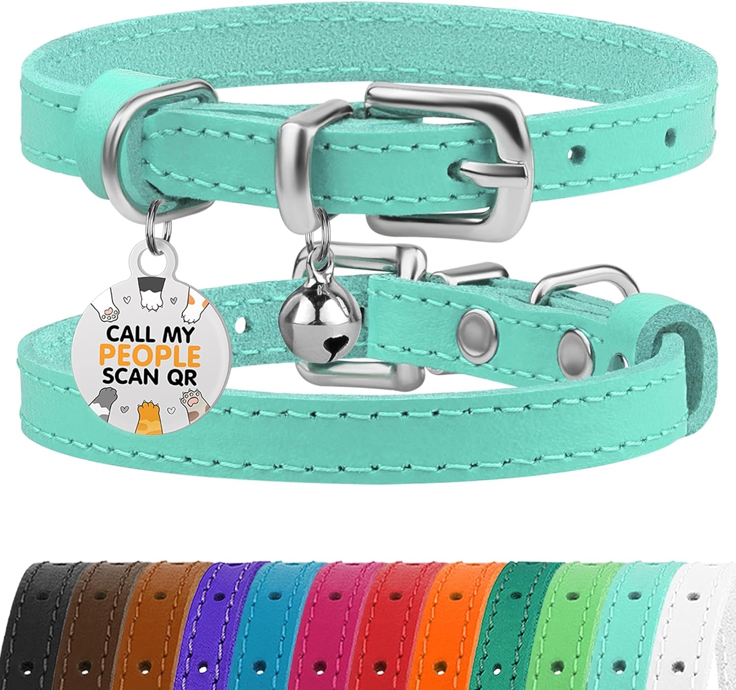 BRONZEDOG Leather Cat Collar with Bell Non Breakaway Kitten QR Tag for Girl Boy (7" - 9" for Cats, Turquoise & Silver)