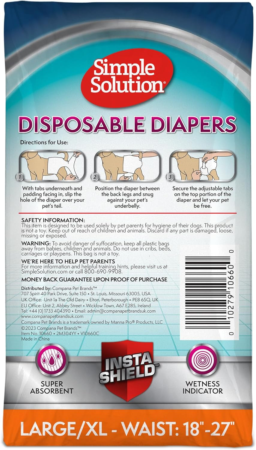 Simple Solution True Fit Disposable Dog Diapers for Female Dogs - Super Absorbent with Wetness Indicator - L/XL (Waist 18-27In) - 30 Count