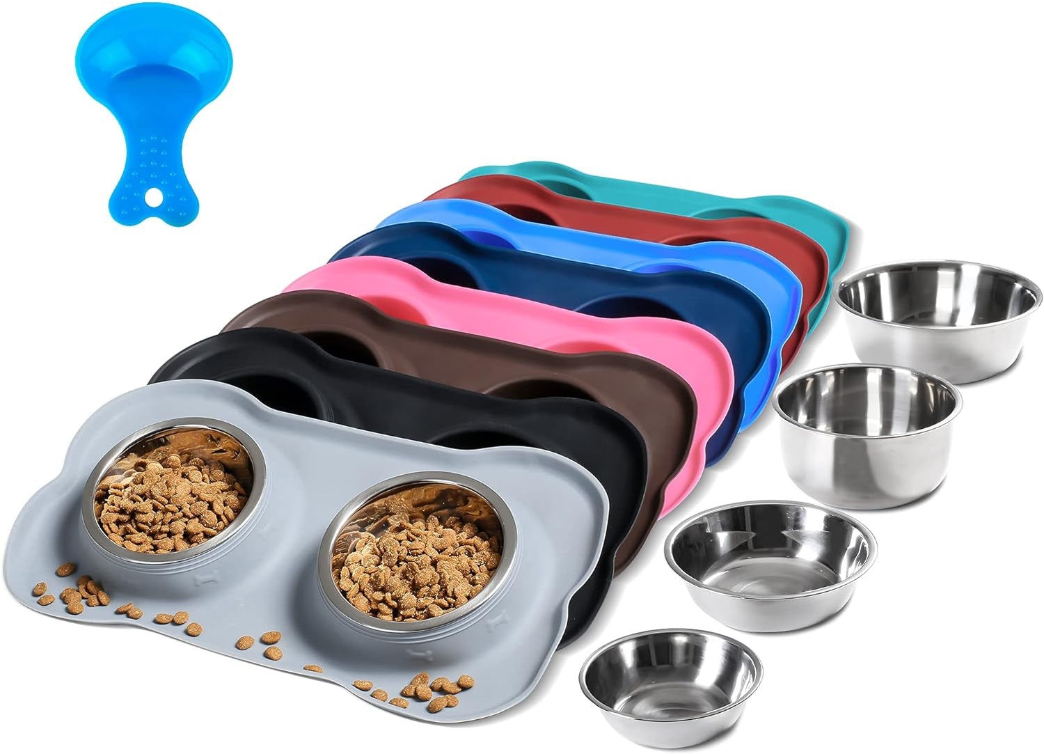 Hubulk Pet Dog Bowls 2 Stainless Steel Dog Bowl with No Spill Non-Skid Silicone Mat + Pet Food Scoop Water and Food Feeder Bowls for Feeding Small Medium Large Dogs Cats Puppies (Large, Gray)