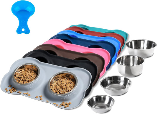 Hubulk Pet Dog Bowls 2 Stainless Steel Dog Bowl with No Spill Non-Skid Silicone Mat + Pet Food Scoop Water and Food Feeder Bowls for Feeding Small Medium Large Dogs Cats Puppies (Medium, Gray)