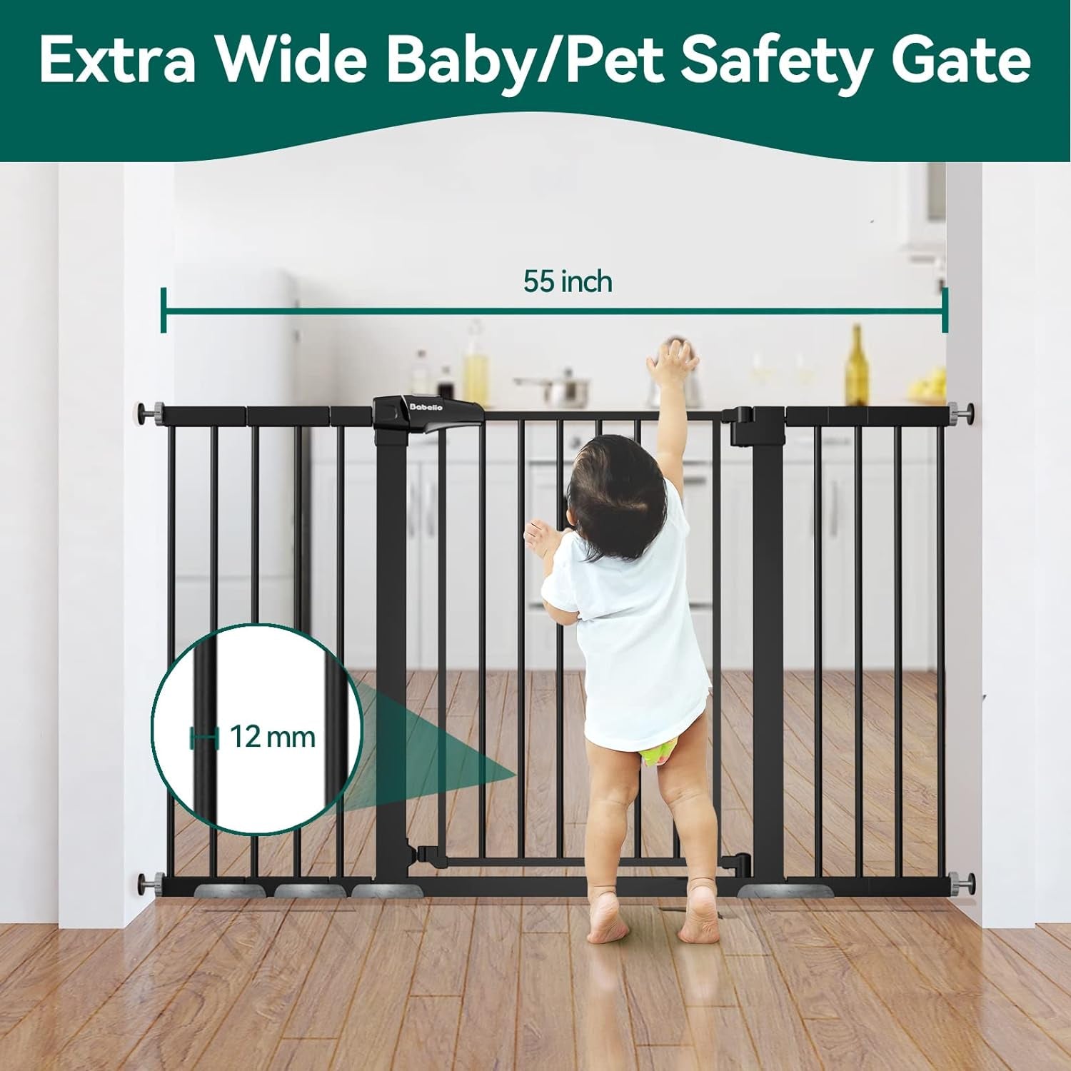 BABELIO 29-55 Inch Extra Wide Baby Gate, Metal Auto Close Dog Gate, Pressure Mounted Pet Gate for Doorways, NO Tools Needed NO Drilling, with Wall Cups, White