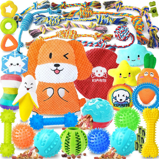 KIPRITII Puppy Toys for Dog Teething-39 Pack Exclusive Puppy Dog Chew Toys for Boredom with Rope Toys, Dog Treat Balls & Dog Toy for Puppy and Small Dogs, Hold a Bottle