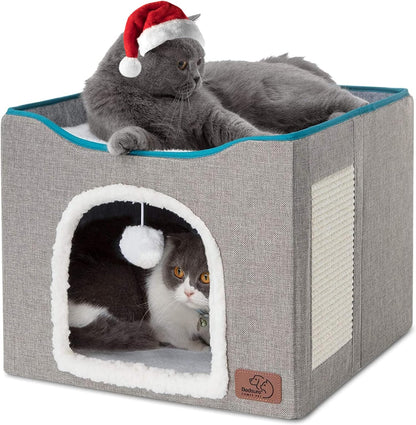 Bedsure Cat Beds for Indoor Cats - Large Cat Cave for Pet Cat House with Fluffy Ball Hanging and Scratch Pad, Foldable Cat Hideaway,16.5x16.5x13 inches, Grey