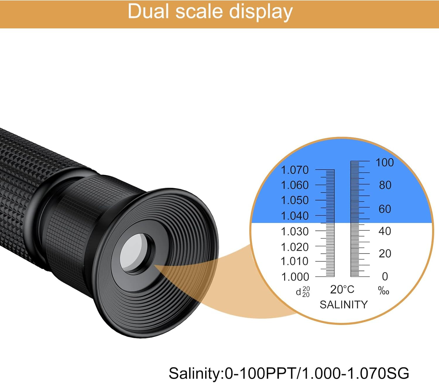 Professional Salinity Refractometer,Salinity Tester, Salt Tester for Saltwater Pool, for Saltwater Aquarium, Pools, and Tanks,Dual Scale 0-100 PPT & Specific Gravity 1.000-1.070 with ATC Function