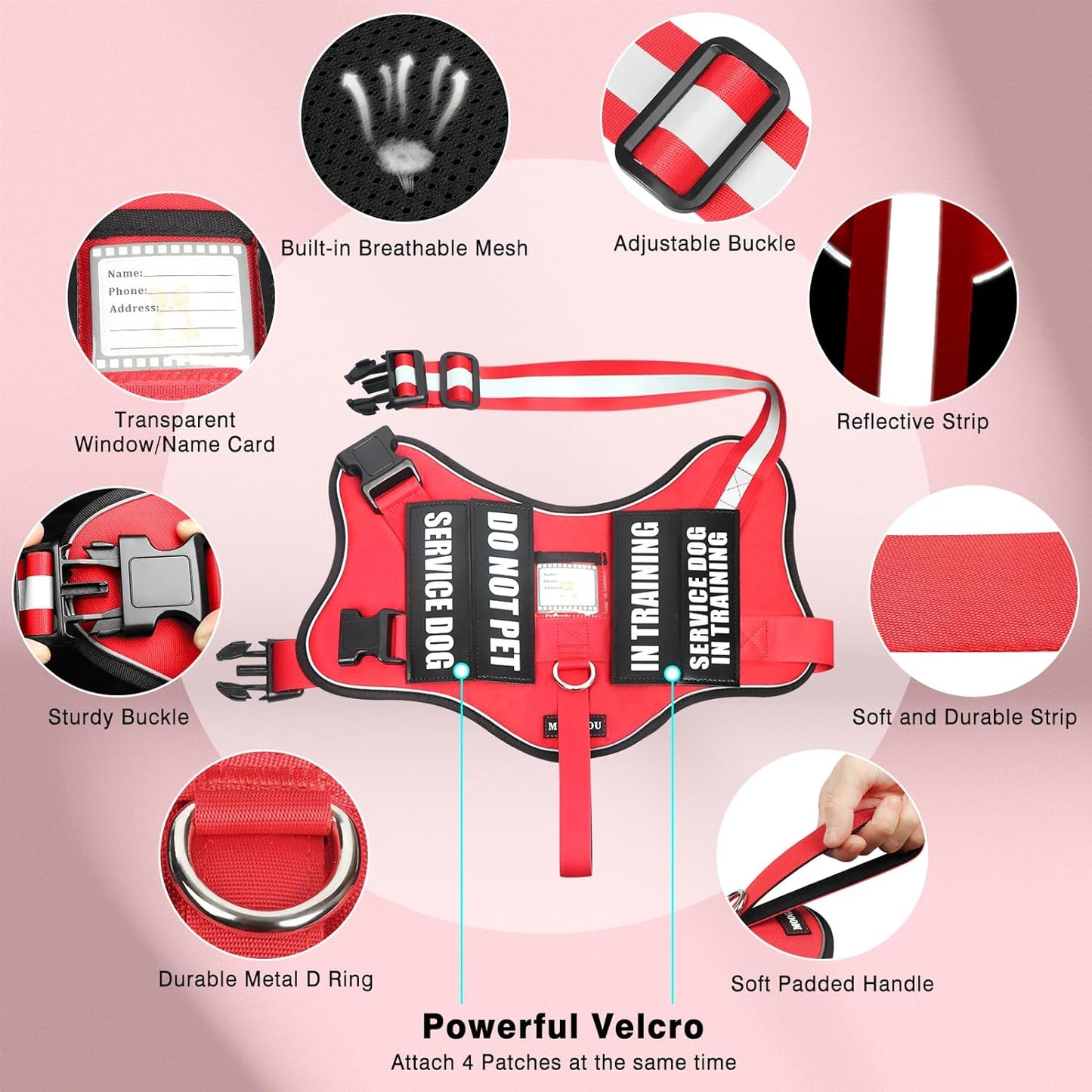 Service Dog Vest Harness and Leash Set+10 Patches,No Pull&Adjustable Reflective Dog Harness with Soft Padded Handle for Training/Everyday,Fit Small/Medium/Large/Extra-Large Dogs(Red M)