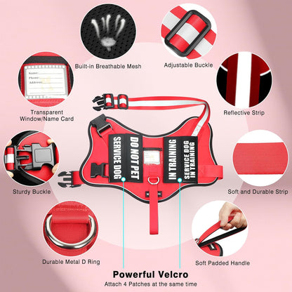 Service Dog Vest Harness and Leash Set+10 Patches,No Pull&Adjustable Reflective Dog Harness with Soft Padded Handle for Training/Everyday,Fit Small/Medium/Large/Extra-Large Dogs(Red M)