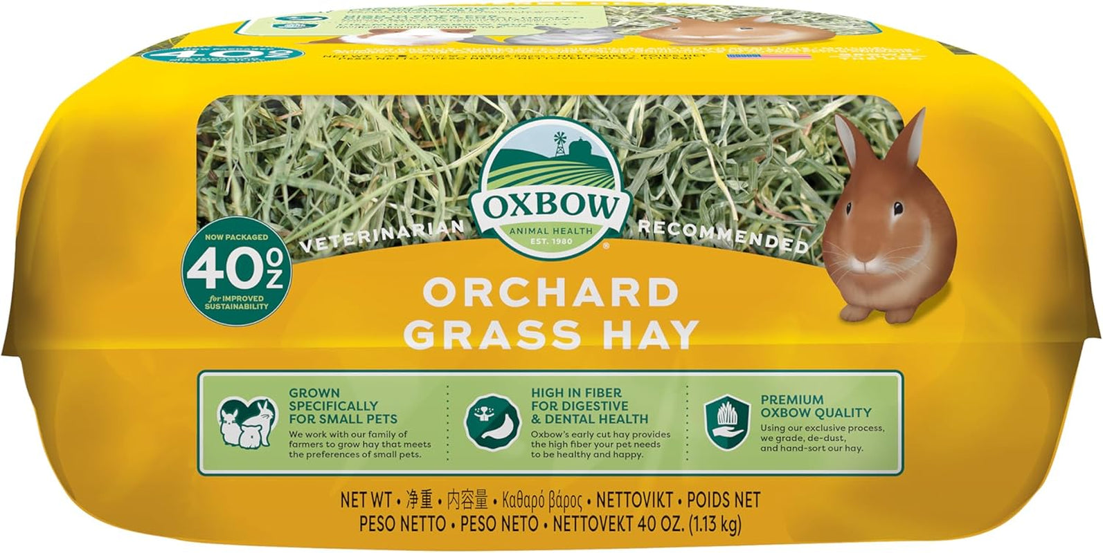 Oxbow Animal Health Orchard Grass Hay - All Natural Grass Hay for Chinchillas, Rabbits, Guinea Pigs, Hamsters, Gerbils & Other Small Pets - Grown in the USA- Fiber Rich- 40 oz.