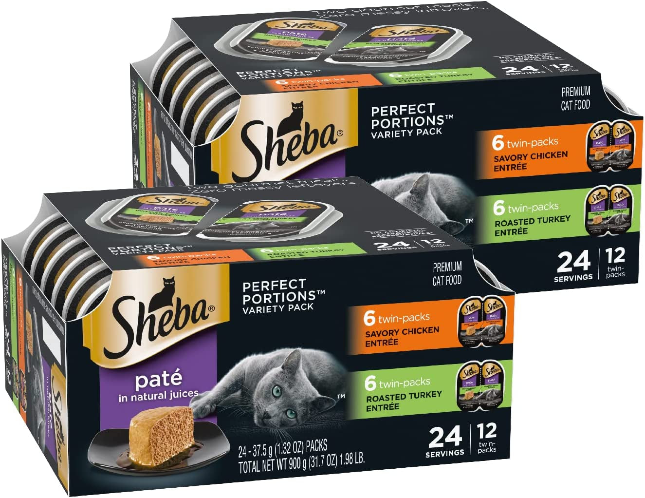 SHEBA Perfect Portions Paté Wet Cat Food Trays (24 Count, 48 Servings), Savory Chicken and Roasted Turkey Entrée, Easy Peel Twin-Pack Trays